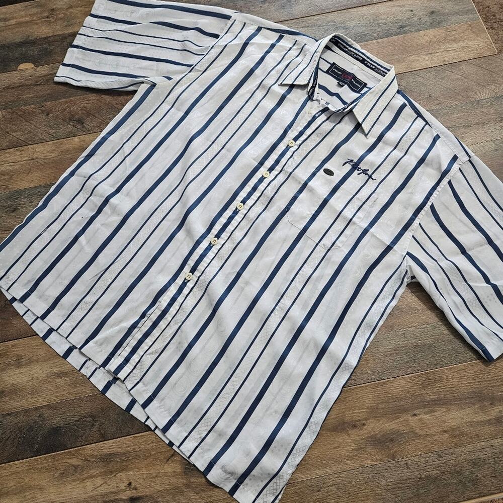 Phat Farm Shirt Mens 3XL / XXXL Striped Short Sleeve White Blue Button Down